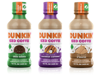 Dunkin’ Iced Coffee in Girl Scout Cookie inspired flavors includes Thin Mints, Coconut Caramel and S’mores.