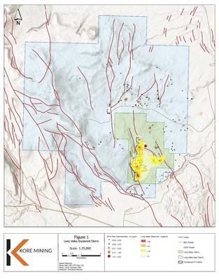 FIGURE 1: LONG VALLEY DISTRICT CLAIM MAP WITH GOLD ANAMOLIES (CNW Group/Kore Mining)