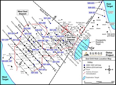 Figure 2. Plan map of drill hole locations for 2020-2021 Ootsa drill program. (CNW Group/Surge Copper Corp.)