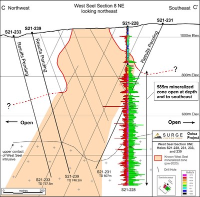Figure 1. West Seel Cross Section C-C’ showing results for Hole S21-228. See Figure 2 for section location. (CNW Group/Surge Copper Corp.)