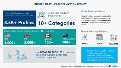 Snapshot of BizVibe's death care services industry group and product categories.