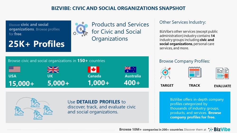 Snapshot of BizVibe's civic and social organizations industry group and product categories.