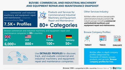 Snapshot of BizVibe's commercial and industrial machinery and equipment repair and maintenance industry group and product categories.