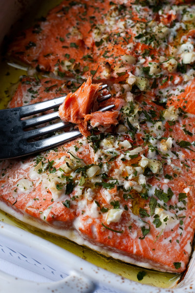 Baked Salmon with Pineapple and Garlic Herb Sauce from Brynn McDowell at The Domestic Dietitian