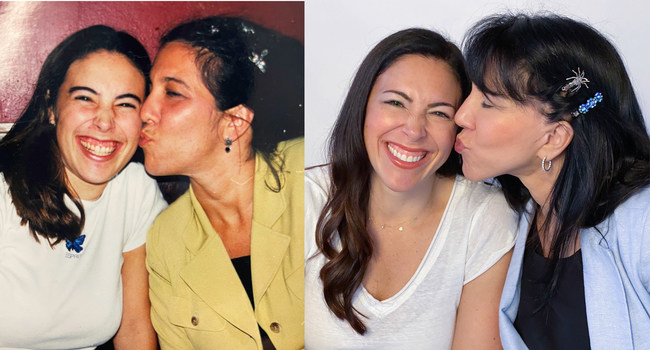 Then and now - PostcardMania Founder/CEO Joy Gendusa kisses the cheek of Melissa Bradshaw, PostcardMania President. The original photo on the left was taken 22 years ago, not long after PostcardMania was founded, and recreated recently during a photo shoot in the photo on the right. Melissa was one of PostcardMania's first employees and has held just about every position at the company as it expanded and as she moved up the ranks to President.
