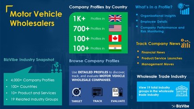 Snapshot of BizVibe's motor vehicle wholesalers industry group and product categories.