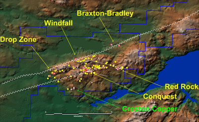 Map detailing location of gold-bearing rock samples (red squares) and gold anomalous soil samples (yellow circles) in the central portion of the Property. Note the consistency of anomalous soil samples along the ENE trending structures and sub-ordinate ESE faults. (CNW Group/Northern Shield Resources Inc.)
