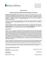 Denison Announces Filing of Annual Report on Form 40-F (CNW Group/Denison Mines Corp.)