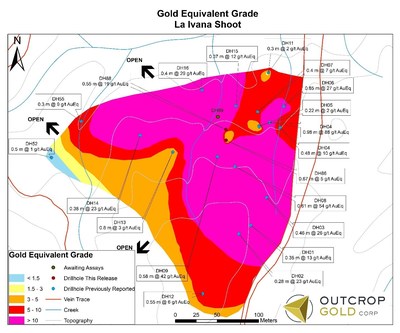 Section 2: Equivalent g Au/t in long section (in plan for low angle shoot) that outcrops to east and dipping west. The approximate dimensions of the shoot are 300 metres by 300 metres and it is open in at least three directions. (CNW Group/Outcrop Gold Corp.)