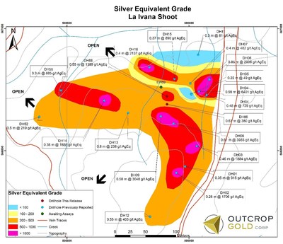 Section 3: Equivalent g Ag/t in long section (in plan for low angle shoot) that outcrops to east and dipping west. The approximate dimenisions of the shoot are 300 metres by 300 metres and it is open in at least three directions. (CNW Group/Outcrop Gold Corp.)