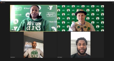 From top left, clockwise: Celtics community engagement coordinator Kash Cannon, Celtics mascot Lucky the Leprechaun, Celtics power-forward Semi Ojeleye, Celtics legend Dana Barros.