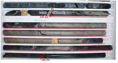 Figure 3: Diamond core from drill hole G50-22-005E, 133 metres to 140 metres highlighting nickel sulphide intersection from 135.1 to 139.7 metres (11.6% Ni over 4.6 metres) (CNW Group/Karora Resources Inc.)