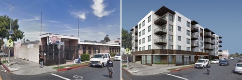 Before (left): Current view of South Los Angeles property owned by Heavenly Vision Missionary Baptist Church. After: Rendering of the future 60-unit permanent supportive housing development.