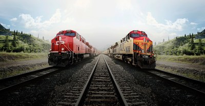 Un train du Canadien Pacifique se trouve sur la voie ferre de gauche, tandis qu'un train de Kansas City Southern se trouve  droite de l'image. (Groupe CNW/Le Syndicat Unifor)