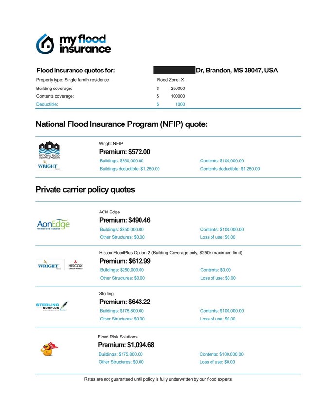 The portal provides users with multiple quotes from both the NFIP and private flood insurers. The quote summary page can be downloaded as a PDF.