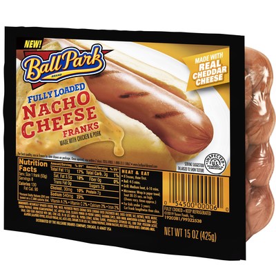 Ball Park Fully Loaded Nacho Cheese Franks provide 7g of protein per serving, with 8 servings per pack. Suggested retail price of $4.99.