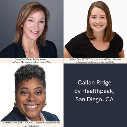 Female leaders: Senior Project Manager Crista Swan from Project Management Advisors, Inc. (PMA); Sr. Associate & Project Manager Stefanie Deal, NCARB from Ferguson Pape Baldwin Architects (FPBA); and Regional Project Executive Carmen Vann, LEED AP BD+C from BNBuilders, have united for Healthpeak’s Callan Ridge project in San Diego, CA.