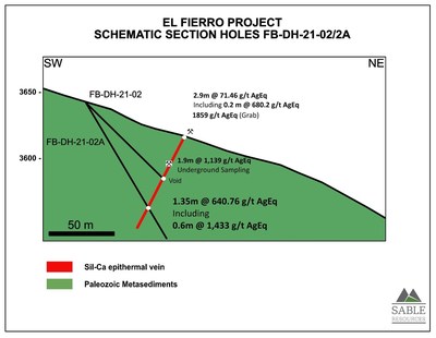 Figure 3. Schematic cross-section along drill hole FB-DH-21-02 showing the reported intercept. (CNW Group/Sable Resources Ltd.)