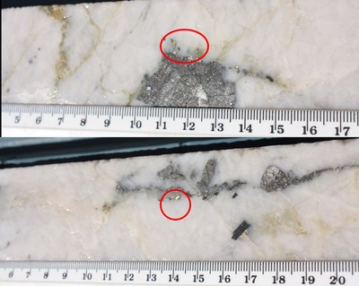 Figure 4 - HVD002 (section 95.34 – 95.47m). Visible gold (Circled) (CNW Group/E79 Resources Corp.)