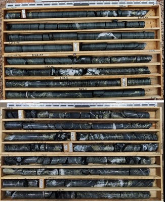 Photo 2 top: CD-003: Southern Copper Zone, Trays 47-48; 157.27 - 164.40m. Zone of stringer sulphides and quartz veining approaching sulphide breccia zone. Photo 2 bottom: CD-004: Southern Copper Zone, Trays 45-56; 153.96 - 161.68m. Zone of sulphide breccia and quartz veining. (CNW Group/Meridian Mining S.E.)