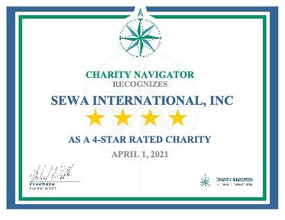 Certificate issued by Charity Navigator to Sewa International recognizing it as a 4-star rated charity.