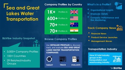 Snapshot of BizVibe's sea and Great Lakes water transportation industry group and product categories.