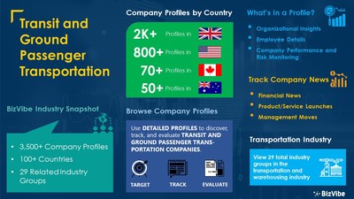 Snapshot of BizVibe's transit and ground passenger transportation industry group and product categories.