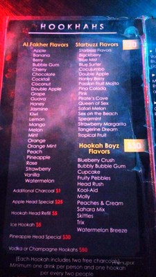 Hookah lounge flavor menu featuring flavors remnicent of vaping flavors such as twix, kool aid, sex on the beach and more
