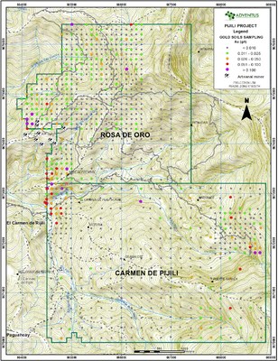 Figure 5: Surficial Soil Sample Map (Gold values) (CNW Group/Adventus Mining Corporation)