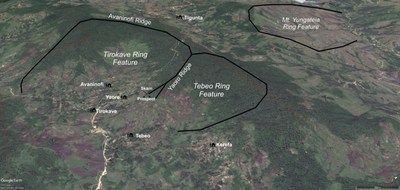 Figure 2: Satellite image of Tirokave and Tebeo Ring Features (CNW Group/Kainantu Resources Ltd.)
