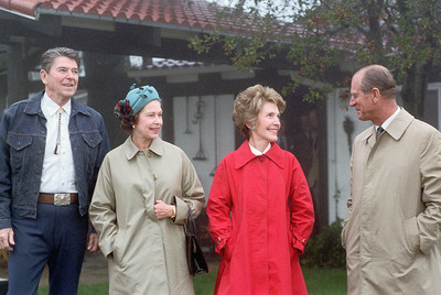 Queen Elizabeth and Prince Philip arrive at Rancho del Cielo to have lunch with President and Mrs. Reagan. 3/1/1983