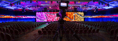 Signature Production Group – a production technology provider for live meetings and events – is increasing their inventory of high-resolution THOR LED tiles powered by Brompton Technology.  The LED wall in this photo is over 100' wide and features 