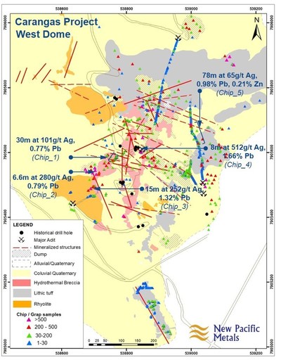 Figure 4: Geology Map of West Dome, Carangas Project, Bolivia, including Sample Results (CNW Group/New Pacific Metals Corp.)