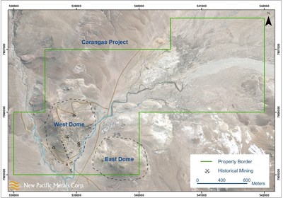 Figure 2: Satellite Imagery of the Carangas Project, Bolivia, including West and East Domes (CNW Group/New Pacific Metals Corp.)