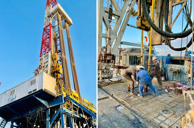 Zion Drilling Rig (left) and Zion Drilling crew at work (right). Photo taken on April 11, 2021.