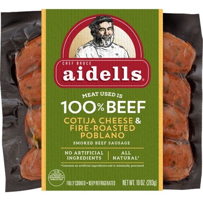Aidells Smoked Beef Sausage is made with 100 percent beef, real Cotija cheese and fire-roasted poblano peppers and have 10g of protein per serving.