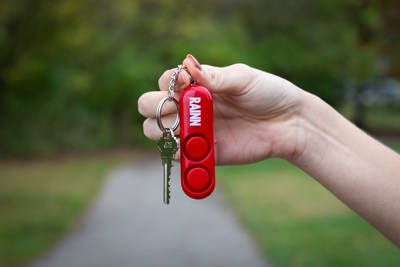 The SABRE RAINN Personal Alarm with Key Ring emits a 120 dB dual siren that is audible from up to 600 feet away.