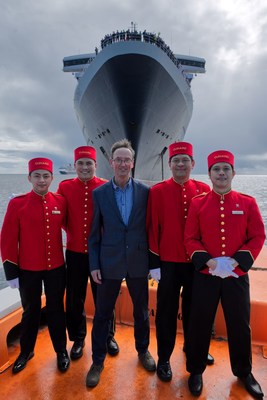 Cunard Captain Christopher Wells sails away from flagship Queen Mary 2 for the last time, as he embarks on his retirement. Wells was named Commodore in recognition of his stellar 20 year career with the company.