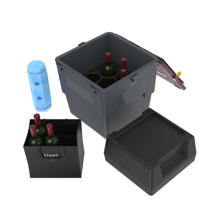 Liviri Vino is a premium, reusable and protective shipping solution for fine wine and alcohol in four- and six-bottle configurations. Precision padding keeps bottles secure and separated while reusable coolant inserts and industry-leading insulation provide a safe, temperature-stable environment inside the box to reduce weather shipment holds.