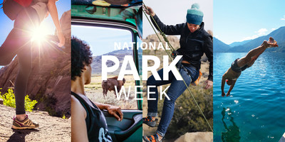 Image courtesy of National Park Foundation. Image description: A collage image of four people in parks. One person is walking, one person is looking out the car window at wildlife, one person is rock climbing, and one person is diving into the water.