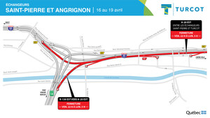 Projet Turcot - Fermeture de l'autoroute 20 en direction est dans le secteur des échangeurs Saint-Pierre et Turcot du 16 au 19 avril 2021