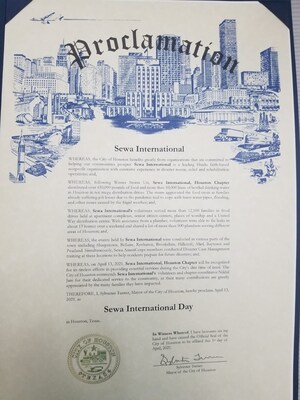 Houston Mayor Turner Proclaims April 13, 2021 as Sewa International Day