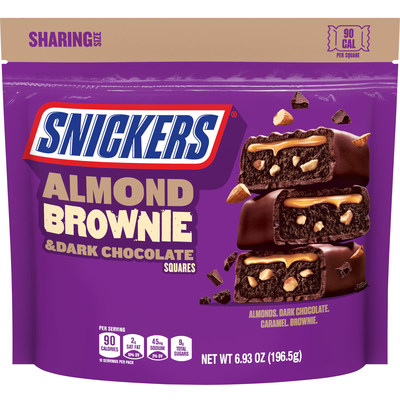 SNICKERS® Almond Brownie will hit shelves nationwide August 2021 in Single (1.26 ounces), Share (2.52 ounces) and Sharing Stand Up Pouch (6.93 ounces) sizes. The bars feature a chewy brownie filling, mixed with chopped almonds and topped with a layer of luscious caramel, all coated in dark chocolate.