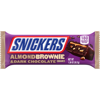 SNICKERS® Almond Brownie will hit shelves nationwide August 2021 in Single (1.26 ounces), Share (2.52 ounces) and Sharing Stand Up Pouch (6.93 ounces) sizes. The bars feature a chewy brownie filling, mixed with chopped almonds and topped with a layer of luscious caramel, all coated in dark chocolate.