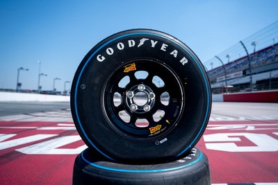 In keeping with the theme of the Official Throwback Weekend of NASCAR, Goodyear will replace the yellow “Eagle” logo on the sidewalls of its racing tires with a vintage “Blue Streak” sidewall design. The Blue Streak tires reflect the design of NASCAR tires used in the 1960’s and 1970’s.
(NASCAR images for Goodyear)