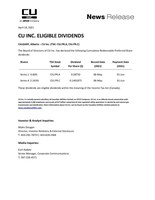 CU Inc. Eligible Dividends - Q2 2021 (CNW Group/CU Inc.)