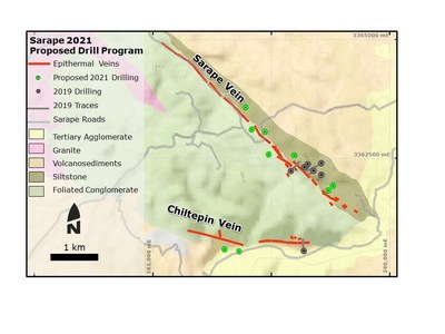 Figure 2. Geologic map of the Sarape project showing the areas proposed for 2021 drilling (CNW Group/Orogen Royalties Inc.)
