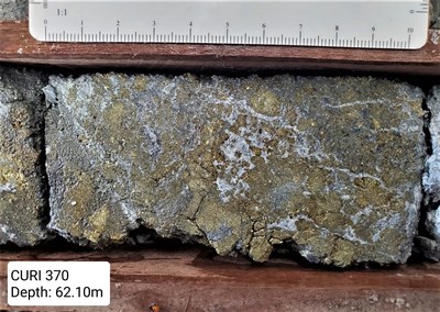Adventus Drill Hole: CURI 370 - 31.45% copper equivalent (2.26% copper, 21.59 g/t gold, 36.64% zinc, 414.8 g/t silver, and 2.03% lead at 62.10 metres (pictured) (CNW Group/Adventus Mining Corporation)