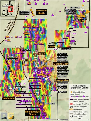 Figure 3 – Compiled IP Chargeability and summarized Gold-in-auger and summarized historic drill hole data (CNW Group/Desert Gold Ventures Inc.)