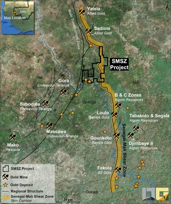 Figure 1 – SMSZ Project Location and Major Deposits in Western Mali and Eastern Senegal (CNW Group/Desert Gold Ventures Inc.)